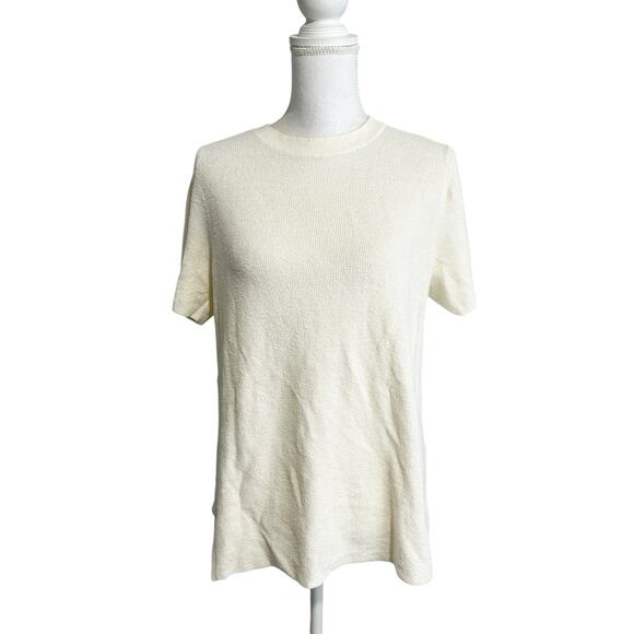 Eileen Fisher Womens Knit Blouse Short Sleeve Cream Size Large Organic Linen - Picture 1 of 6